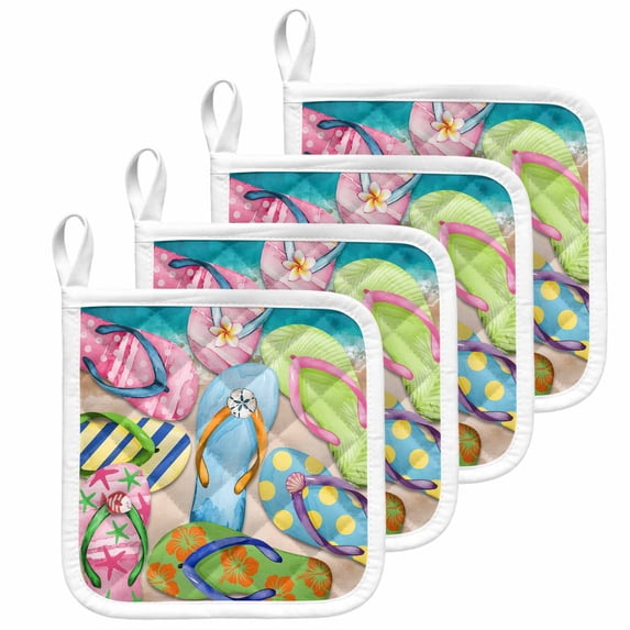 Colorful Flip Flops Pot Holders for Kitchen Heatproof Potholder, 4 Pack Summer Blue Beach Ocean Hot Pads Multipurpose Oven Pads Cloth Potholders Trivet for Cooking and Baking