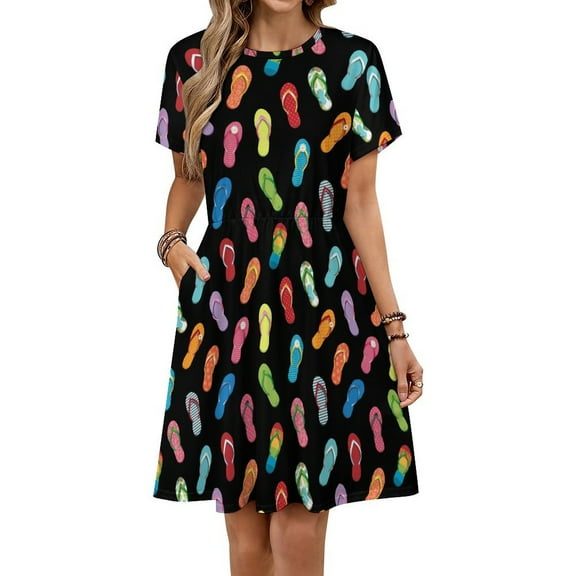 Colorful Flip Flops Short Sleeve Dress Women Summer Evening Dresses Ladies Sundress
