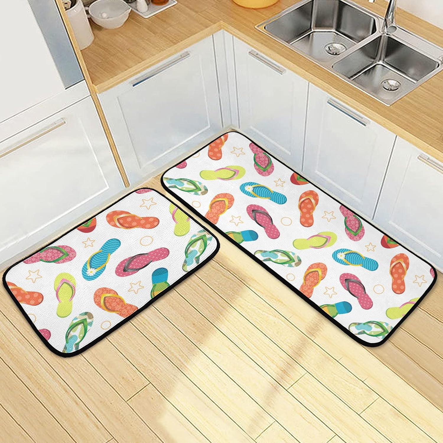 Colorful Flip Flops Stars Kitchen Rugs Set of 2, Summer Slipper Floor ...