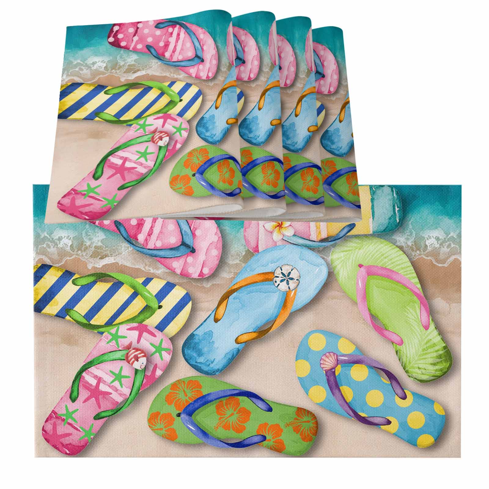 Colorful Flip Flops Summer Blue Beach Ocean Burlap Kitchen Place Mats ...