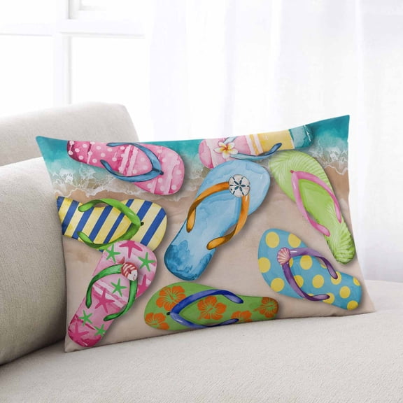 Colorful Flip Flops Throw Pillow Covers, Summer Blue Beach Ocean Soft Breathable Pillow Cases with Invisible Zipper for Sleeping, Small Pillowcases for Couch Bed Sofa Chair 16x24 Inches