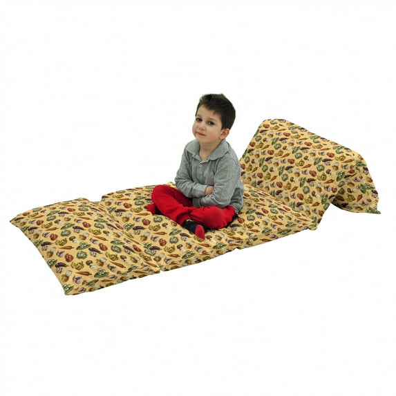 Colorful Floor Pillow Lounger Cover, Sketchy Hand Drawn Style Image of Vegetables Fruits with Striped Coral Backdrop, Nap Mat Printed Fabric Case for 5 Pillows, 88" x 27", Multicolor, by Ambesonne