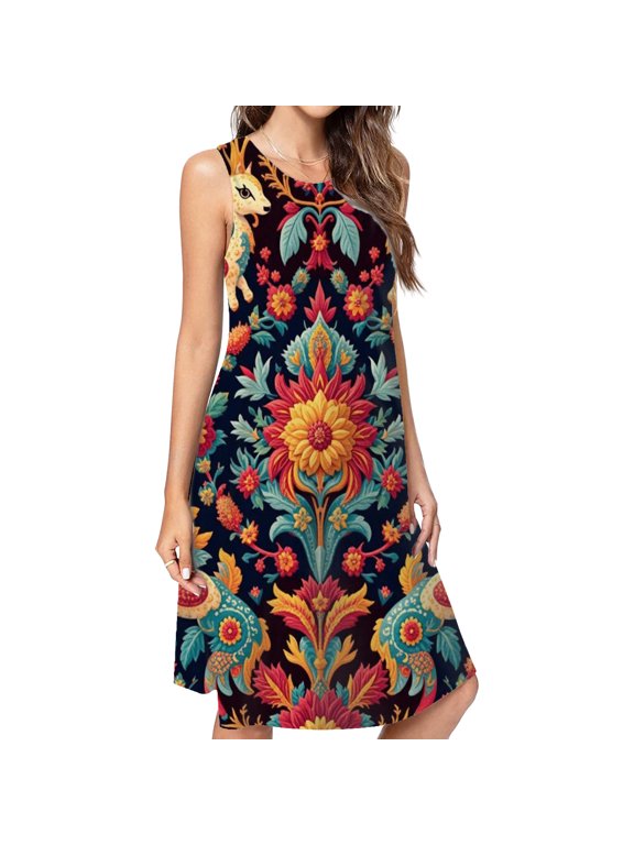 Colorful Floral And Deer Pattern Dress Loose Women'S Dress Beach Dresses With Pockets Dresses For Womens