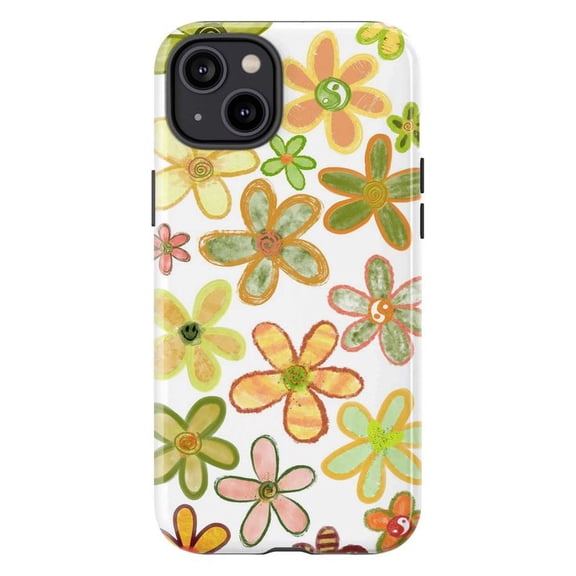 Colorful Floral Art Phone Case, Vibrant Hand-Drawn Flower Pattern with Green and Orange Hues for iPhone 16 15 14 13 12 11 Pro Max Plus Mini