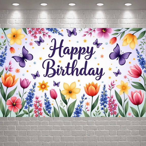 Colorful Floral Banner Butterfly Pattern Floral Birthday Display Spring Style Vibrant Flowers Butterfly Birthday Backdrop for Birthday Party Kids Celebration Indoor Decoration