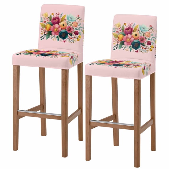 Colorful Floral Bar Stool Covers - Stretch Dining Chair Covers Set of 2, Pink Garden Flowers Botanical Bar Chair Cover Removable Counter Stool Pub Chairs Slipcovers Protectors for Kitchen/Cafe