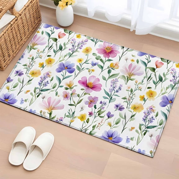 Colorful Floral Bathroom Rug Washable 2x3 Entryway Rug Non Slip Watercolor Vintage Flower Spring Plant Front Door Mat Low Pile Indoor Doormat Throw Floor Carpet for Kitchen Bedroom Entrance
