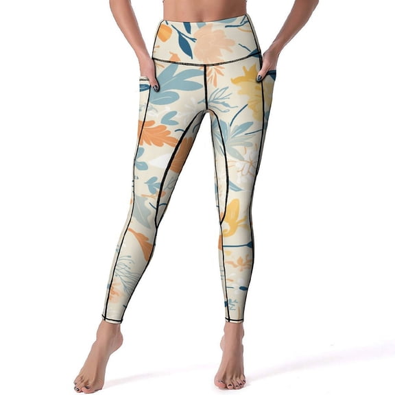Colorful Floral Bohemia Women's High Waisted Yoga Pants with Pockets, Tummy Control Non See Through Workout Athletic Running Leggings