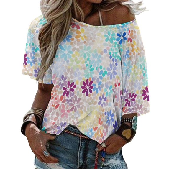 Colorful Floral Bohemia Womens Casual Crew Neck Short Sleeve Pleated Tops Blouses Fashion Clothes 2025