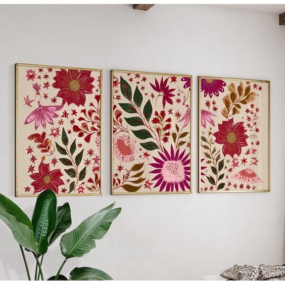 Colorful Floral Botanical Pink Red Flower Triptych Decor Art Set 3 Unframed Paper Print 8x12