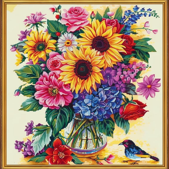 Colorful Floral Bouquet Sunflowers DIY 11CT Stamped Cross Stitch Kits for Beginners Easy Needlepoint Embroidery Counted Cross Stitch Art Craft for Wall Decoration 20x20inch(6)