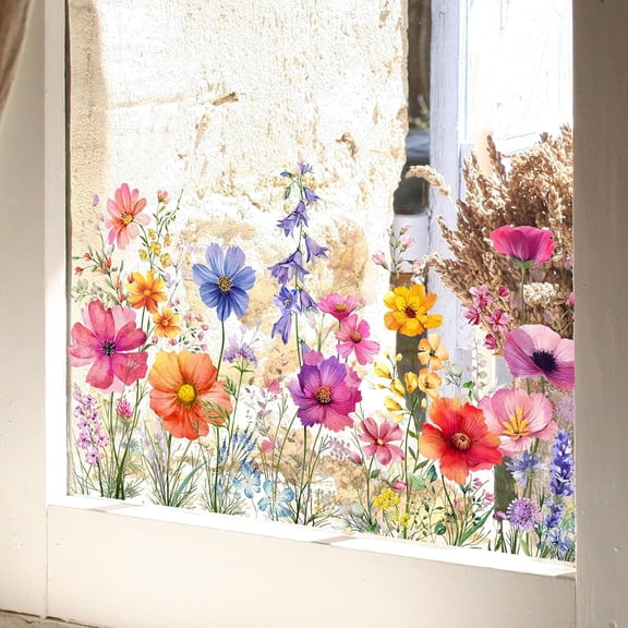 Colorful Floral Bouquet Window Sticker, Flower Window Clings, Floral Pattern Window Sticker, Reusable Double-Sided Window Clings, Flower Garden Window Stickers for Home Office Decor (B)