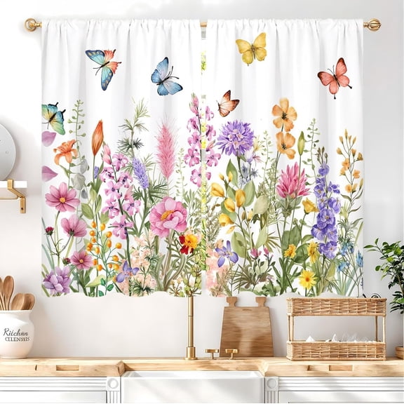 Colorful Floral Burtterfly Kitchen Curtain 28W X 40L Inch Wildflower Spring Summer Flower Small Cafe Tier Purple Pink Flower Brightly Window Treatment Short Drapes Bathroom Decor, 2 Panels