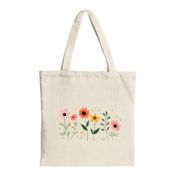 Colorful Floral Canvas Tote Bag with Two Handles - Perfect for Shopping Travel and Parties - Vibrant Pink Orange and Yellow Blossoms