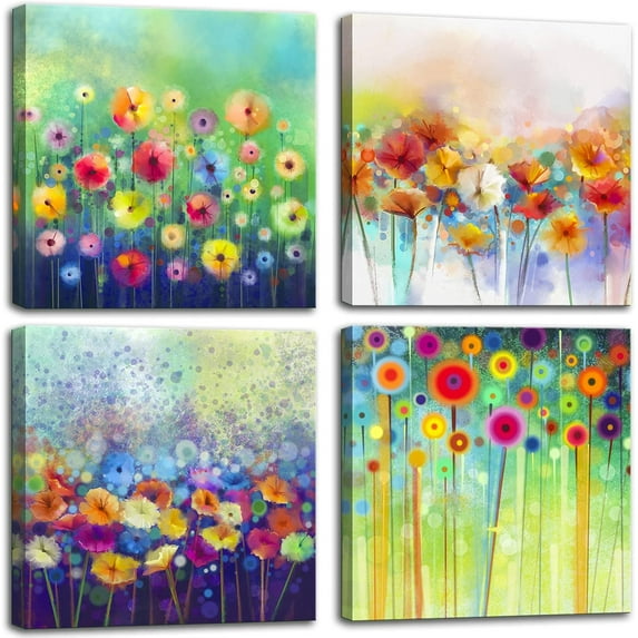 Colorful Floral Canvas Wall Art, Abstract Flowers Artwork Painting Prints Modern Watercolor Pictures Framed for Living Room Bedroom Bathroom Office Home Decor - 16"x16"x4 panel