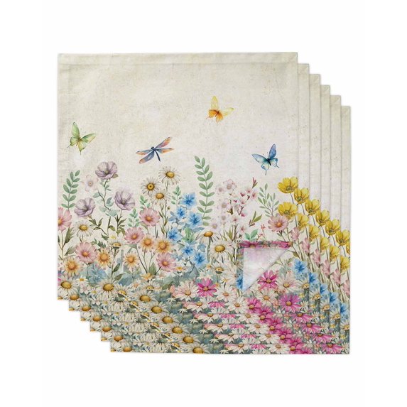 Colorful Floral Cloth Napkins Set of 6 Reusable Dinner Napkins, Farmhouse Vintage Dragonfly Butterfly Flower Cocktail Napkin Washable Table Napkins for Wedding/Holiday Party/Baby Shower 20"x20"