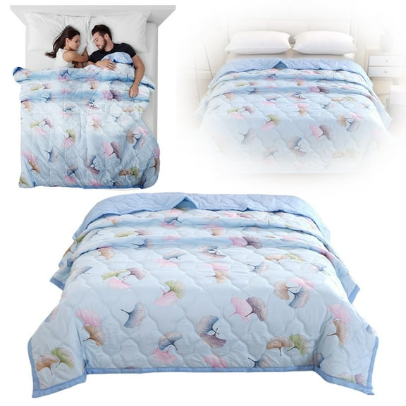 Colorful Floral Comforter, Soft Microfiber Lightweight Fall Comforter, Cute Light Blue Flower Bedding Hotel Luxury