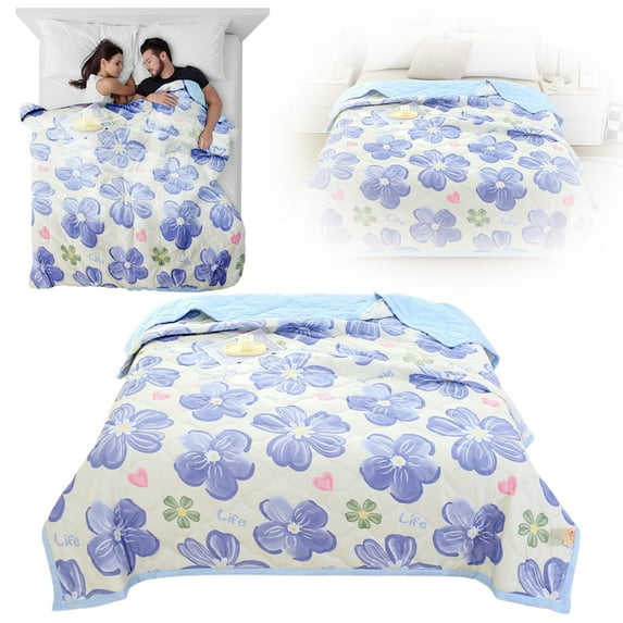Colorful Floral Comforter, Soft Microfiber Lightweight Fall Comforter, Cute Sky Blue Flower Bedding Hotel Luxury
