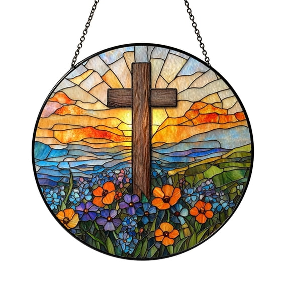 Colorful Floral Cross Round Suncatcher, Stained Glass Style Pathway ...