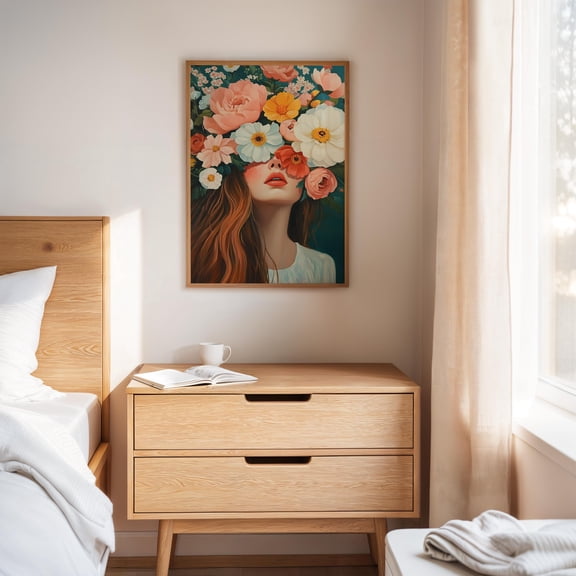 Colorful Floral Crown Wall Art Feminine Portrait With Bold Flowers Modern Botanical Oil Painting For Bedroom Or Living Room Print Poster , Poster Print Only