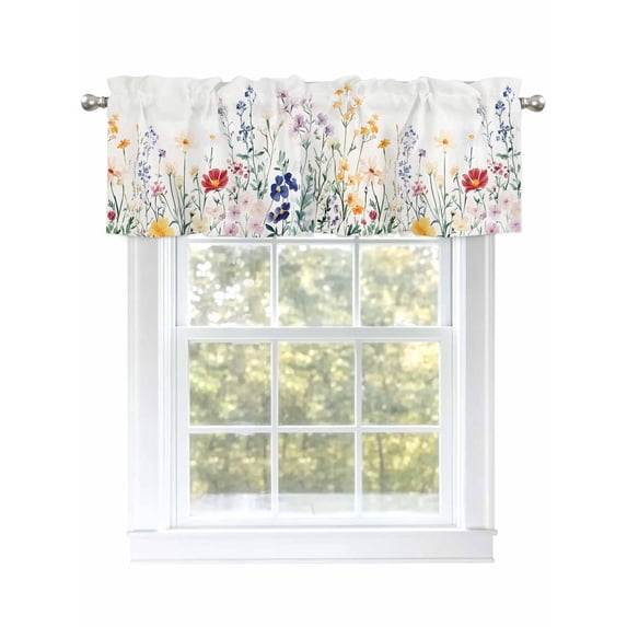 Colorful Floral Curtain Valances for Windows, Farmhouse Watercolor Flowers Botanical Kitchen Valance Window Treatment, Light Filtering Block Curtains for Bathroom/Bedroom/Living Room 54'' x 18''