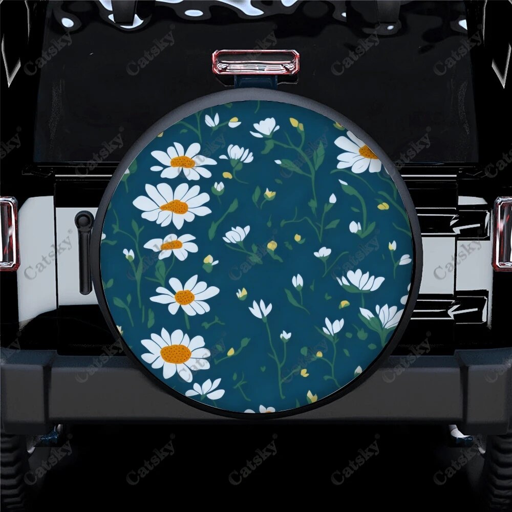 Colorful Floral Daisy Seamless Pattern Polyester Universal Spare Wheel Tire Cover Wheel Covers