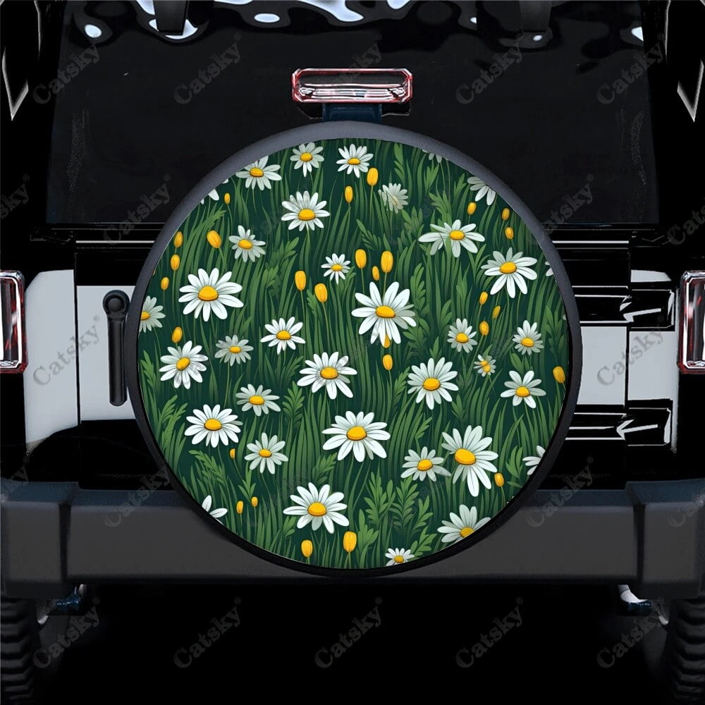 Colorful Floral Daisy Seamless Pattern Polyester Universal Spare Wheel Tire Cover Wheel Covers