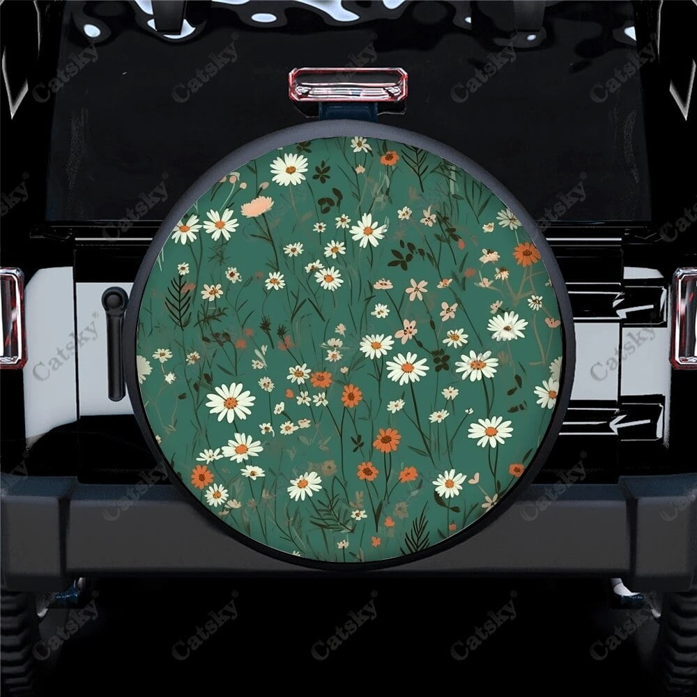 Colorful Floral Daisy Seamless Pattern Polyester Universal Spare Wheel Tire Cover Wheel Covers