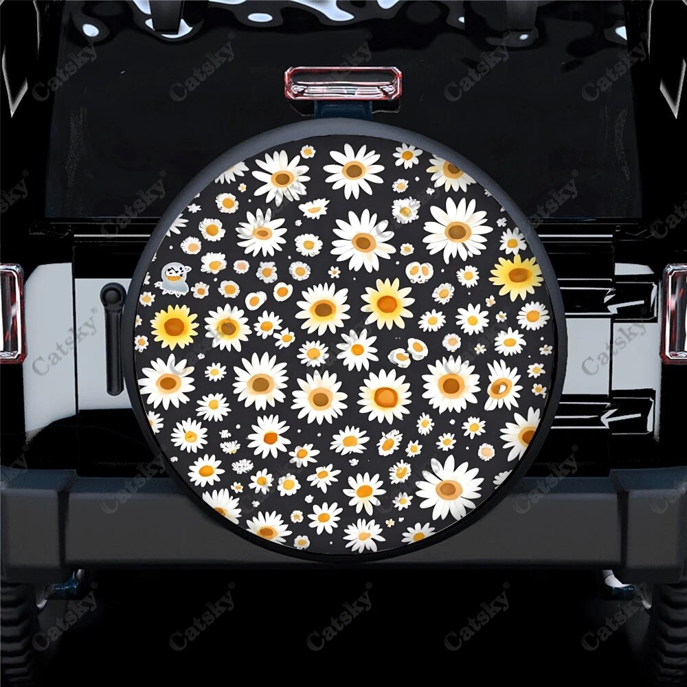 Colorful Floral Daisy Seamless Pattern Polyester Universal Spare Wheel Tire Cover Wheel Covers