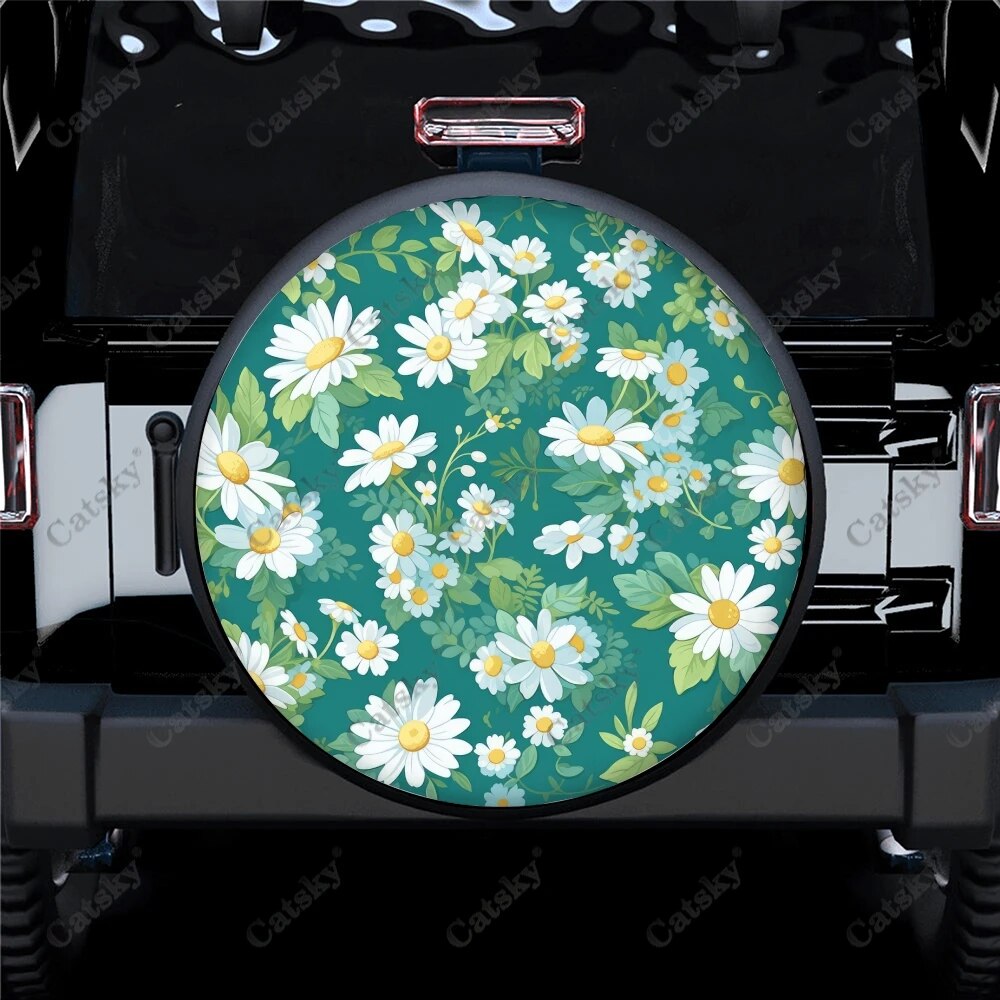 Colorful Floral Daisy Seamless Pattern Polyester Universal Spare Wheel Tire Cover Wheel Covers