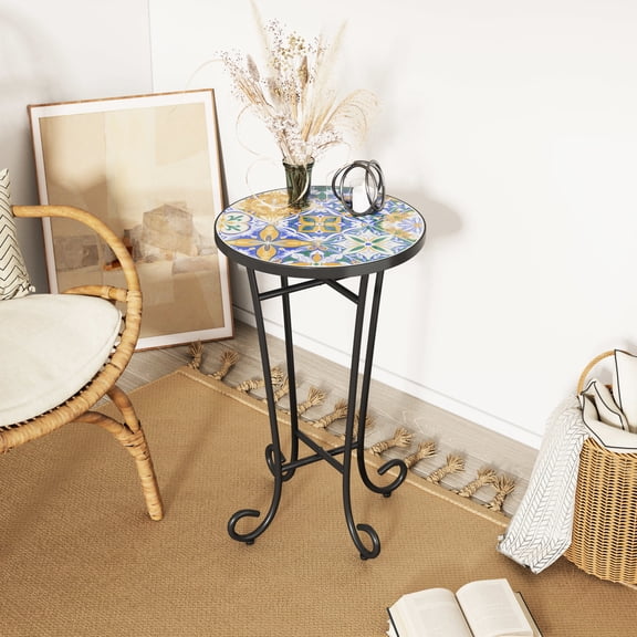 Colorful Floral Design + Black Iron Base - UV & Rain Tolerant - Porch or Indoor Setting - Provide Stable Surface