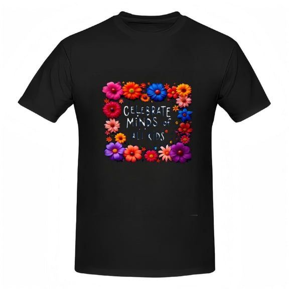 Colorful Floral Design Cotton Short Sleeve T-Shirt for Women - " CELEBRATE MINDS OF LITTLE " - Vibrant and Cheerful Tee Top