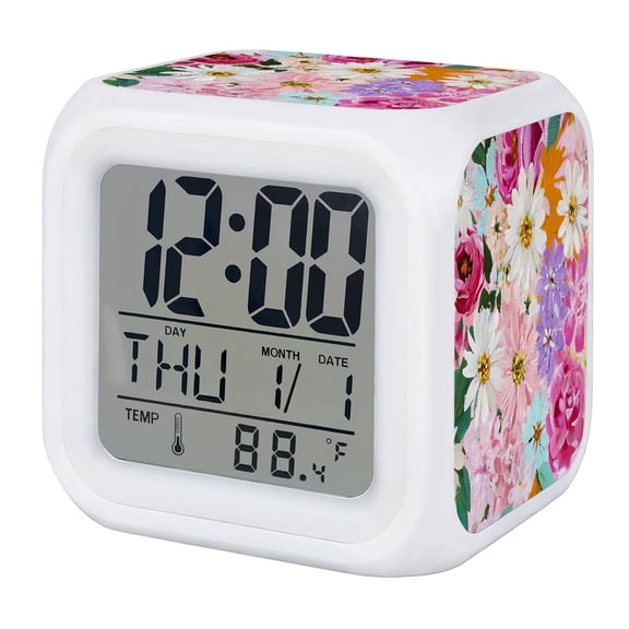 Colorful Floral Digital Alarm Clock for Bedrooms, Smart LED Alarm Clock with 7 Color Changing Night Light, Spring Summer Flowers Botanical Silent Wake Up Clocks for Sleep Study Cooking 3.2"x3.2"