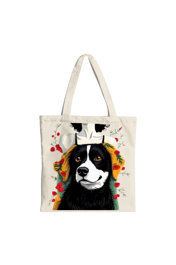 Colorful Floral Dog Tote Bag - Black & White Dog Illustration with Vibrant Red & Green Patterns - Sturdy Canvas Reusable Shopping Bag for Parties Travel & Everyday Use