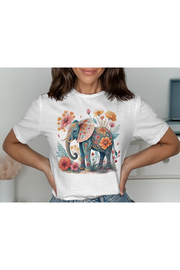 Colorful Floral Elephant Art TShirt Boho Elephant Design Graphic Tee Unique Elephant Fabric Print Flower Elephant Shirt Gift Idea