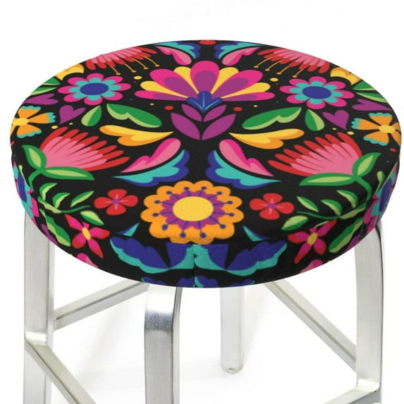 Colorful Floral Embroidery Mexican Round Bar Stool Seat Covers, Elastic Round Chair Cover Stool Seat Slipcover Bar Stool Cushions Round Pad for 12-14 inch