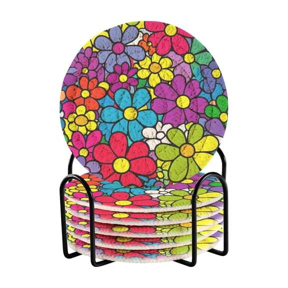 Colorful Floral Explosion 4in Bar Coasters Set of 6 with Storage Rack Durable Heat Resistant