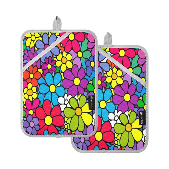 Colorful Floral Explosion 7x9.8in Pot Holder Set Heat-Resistant Oven Hot Pads Durable with Storage Loop