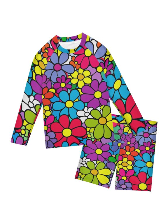Colorful Floral Explosion Boys' Bathing Suit UPF 50+ Boys' Rash Guard Sets Stretchy Quick Dry 3T-10T