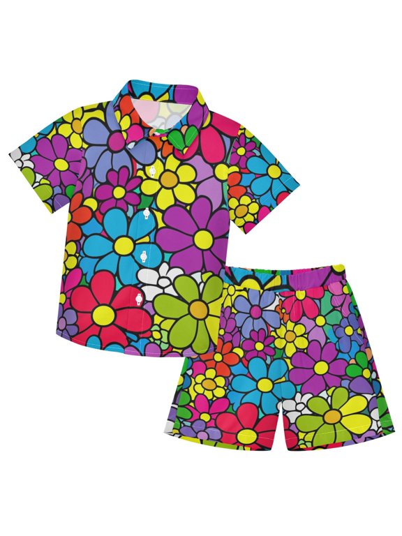 Colorful Floral Explosion Boys' Hawaiian Shorts Sets Button Down Shirts 3T-10Y for Beach Vacation
