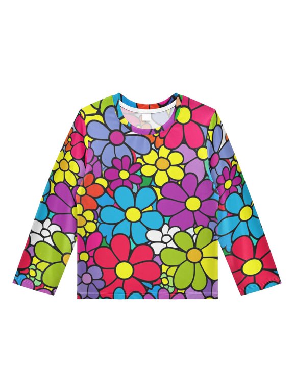 Colorful Floral Explosion Boys' Rash Guard Shirts UPF 50 Plus Sun Protection Short Sleeve Swim Tees 11-12T