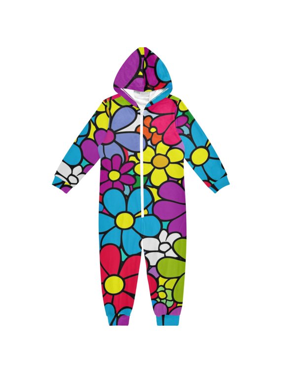 Colorful Floral Explosion One Piece Pajamas Soft Jumpsuit Cozy Sleep and Play Romper Zipper and Pockets 5-6T