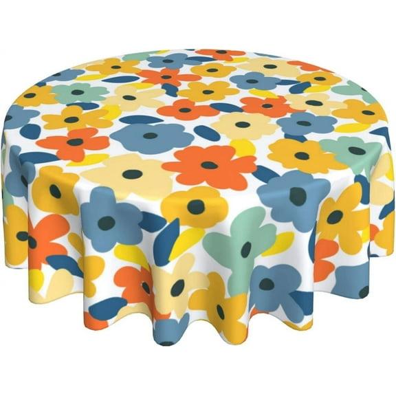 Colorful Floral Farmhouse Table Cloth Yellow Orange Blue Green Flowers Round Tablecloth 60 inch Spring Summer Fall Autumn Vintage Retro Rustic Washable Table Cover For Holiday Kitchen Dinning Outdoor