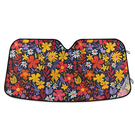 Colorful Floral Field Car Windshield Sun Shade Foldable Car Front Window Visor Heat and UV Protection 53x23.5