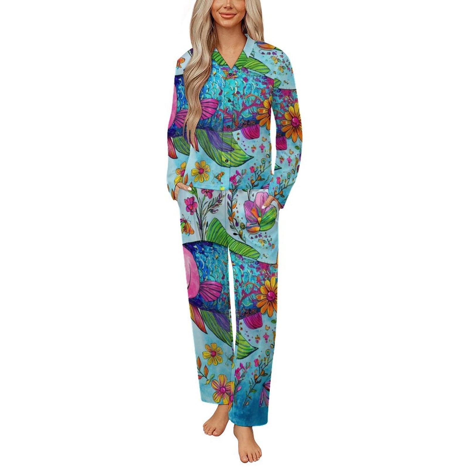 Pyjamas Colorful Colorful Floral Fish Art Womens Pyjamas Set Button Up Pyjamas Womens ...