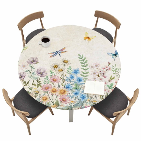 Colorful Floral Fitted Tablecloth with Elastic Edged, Round Table Cloth for Dining Table, Farmhouse Vintage Dragonfly Butterfly Flower Waterproof Oil Proof Table Cover for Indoor Outdoor 45"-54"