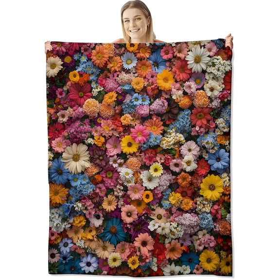 Colorful Floral Flannel Throw Blanket 50x40 Inch, Vibrant Blooming Flower Design, Botanical Art Style Blankets for Living Room, Bedroom, Sofa, Garden Lover Decorative Gifts Throws