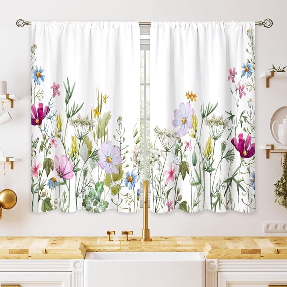 Colorful Floral Flower Small Kitchen Curtains Spring Wildflower Window Treatment Botanical Leaves Plant Cafe Short Curtains for Bathroom Dining Laundry Room Tier Treatment Drapes 27.5x39 inch