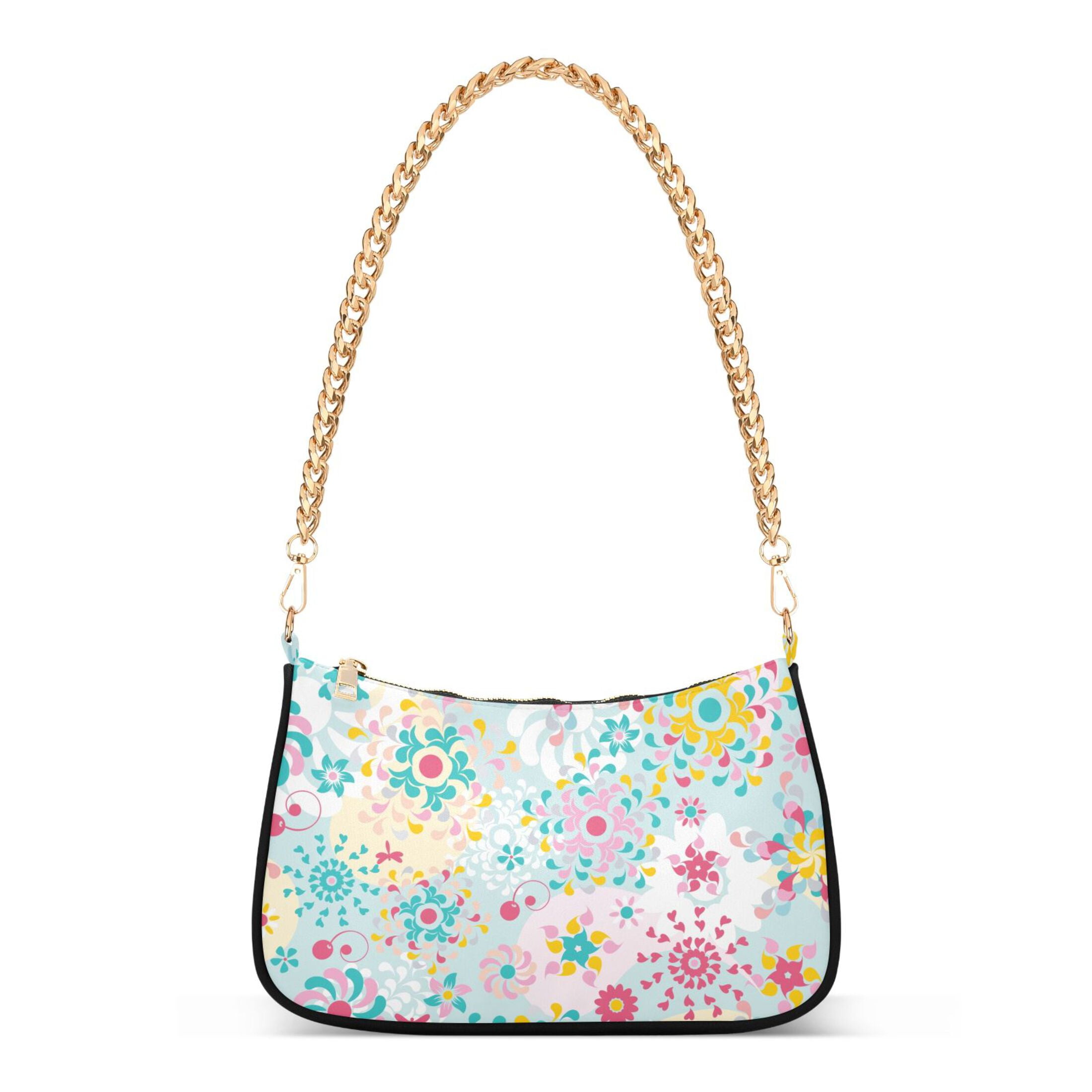Colorful Floral Flowers Pink and Blue Womens Chain Shoulder Bag Tote Handbag Clutch Hobo Purse with Zipper for Travel Casual