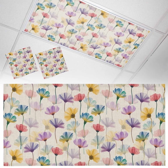 Colorful Floral Fluorescent Light Covers Watercolor Purple Yellow Blue Pink Flowers Linen Texture Magnetic Light Filters Ceiling Lighting Panel Shade for Classroom Office Home 2 x 4 ft, 2 Pack